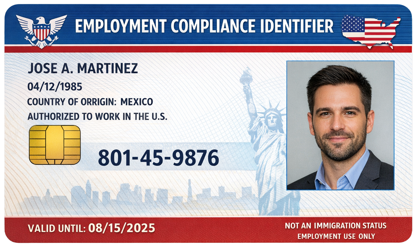 Employment Compliance Identifier card showing a sample ECI number, cardholder name, and validity period